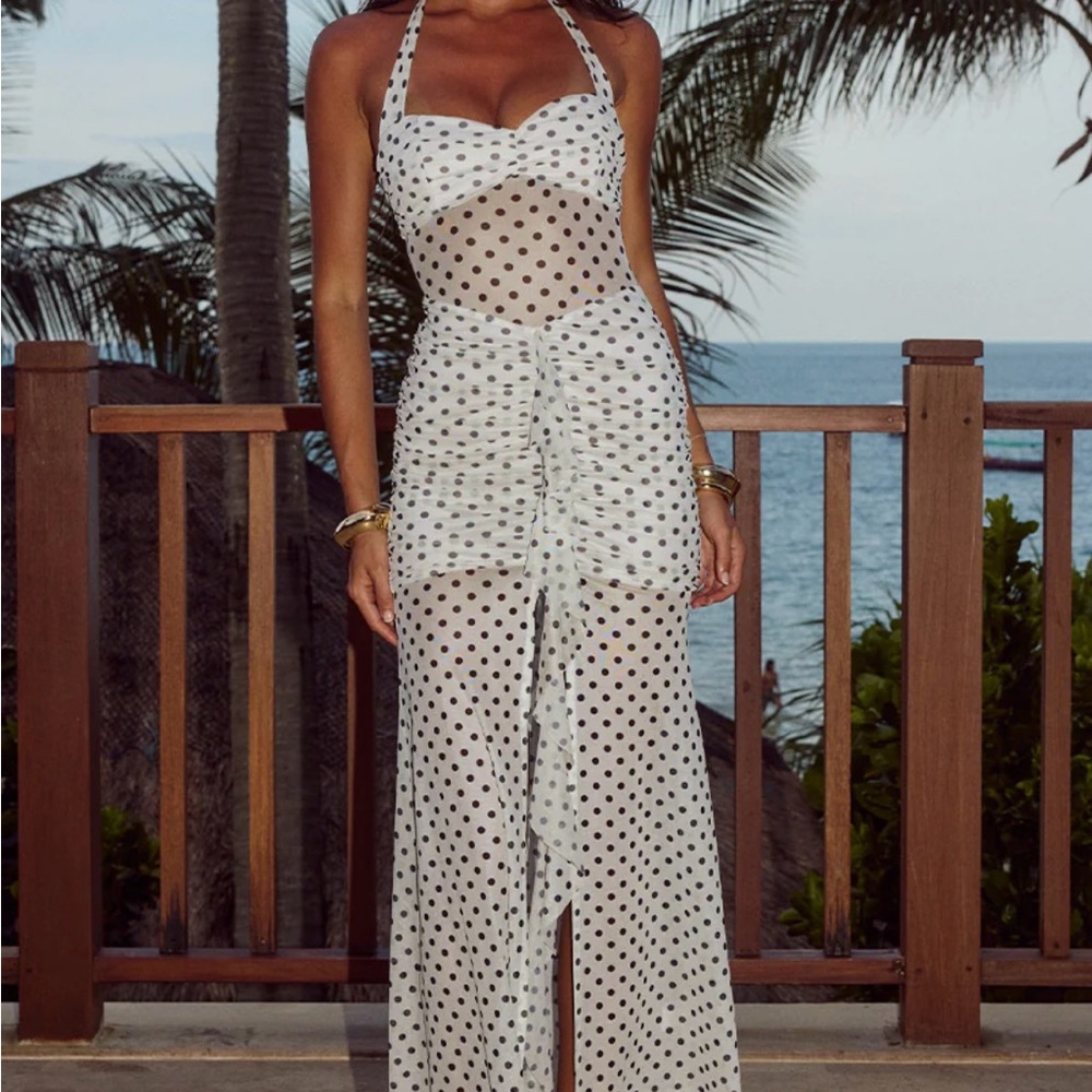 White Polka Dot Mesh Halter Dress